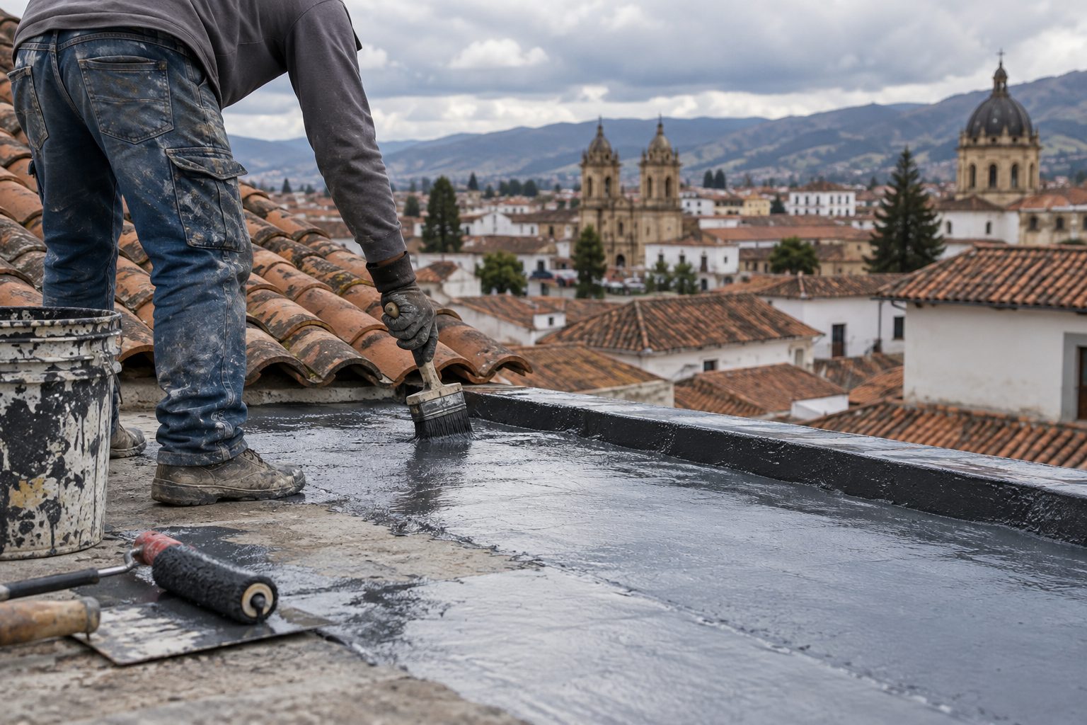 Maestro de obra aplica impermeabilizante con brocha sobre una terraza junto a un tejado de barro, con tejados coloniales y torres de iglesias al fondo